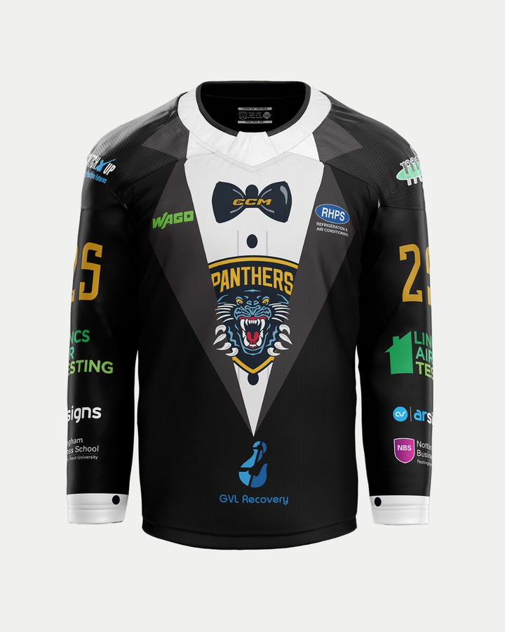 The Panthersland 2025/26 Classic Replica New Year's Tuxedo Jersey features a black tuxedo-inspired design, sublimated fierce panther logo on the chest, number 29 on the sleeves, sponsor logos, and a bow tie graphic at the collar.
