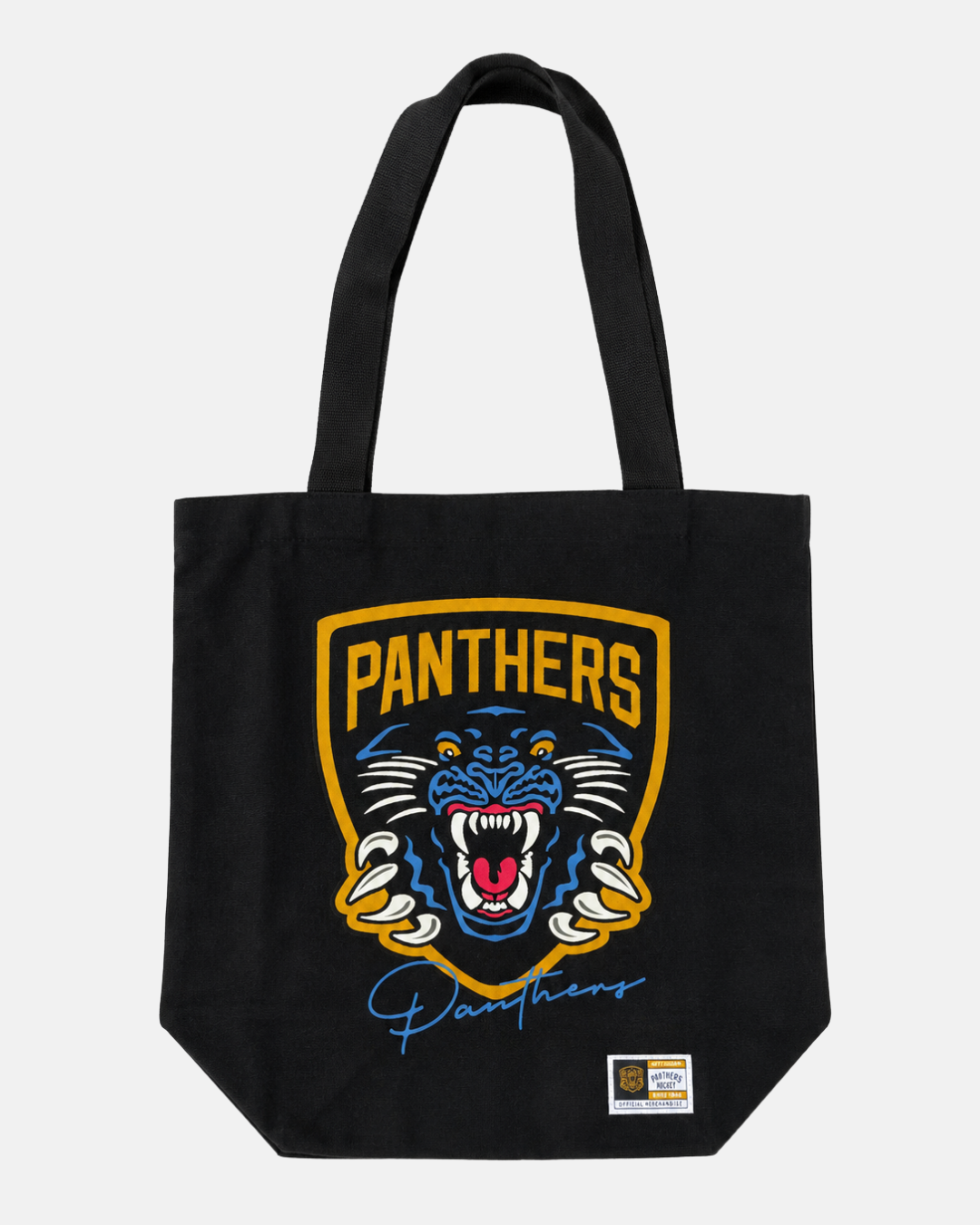 Sure! Here’s a rewritten sentence using the given product data: The Panthersland 26-27 Black Crest Tote Bag features a bold, snarling panther logo with “Panthers” in striking lettering above and an autograph-style signature below—perfect for fans of iconic crest designs reminiscent of teams like the Nottingham Panthers.