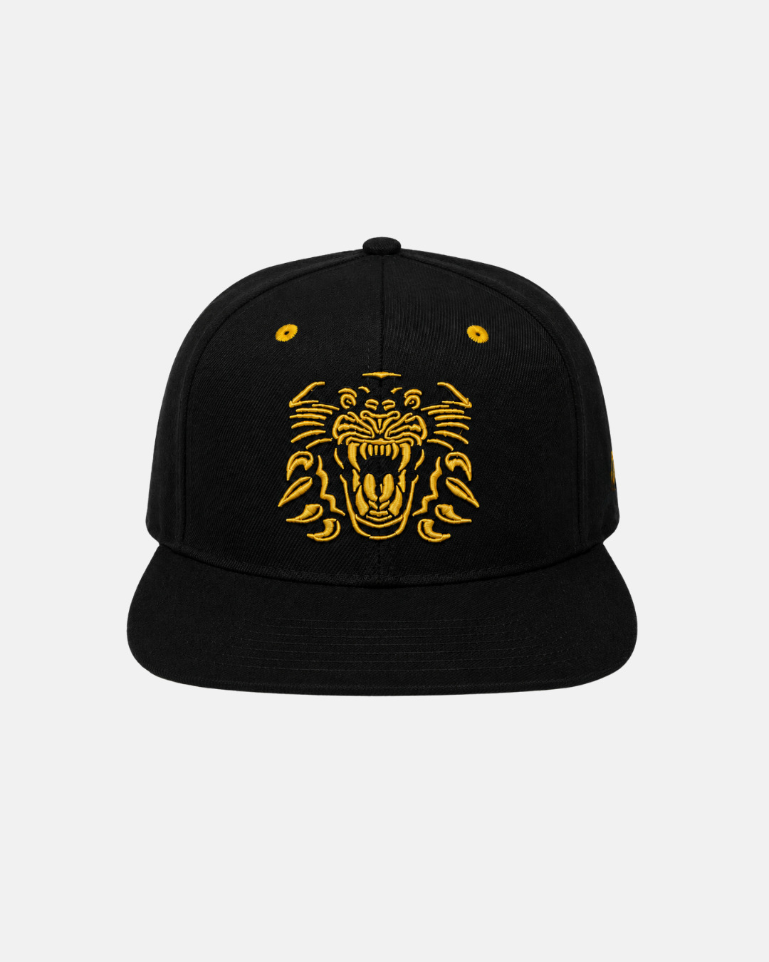 The Panthersland 26-27 Crest Snapback Cap is a black snapback hat featuring a bold, yellow embroidered roaring lion face—the unmistakable Panthers logo—prominently displayed on the front panel, shown from the front against a plain white background.
