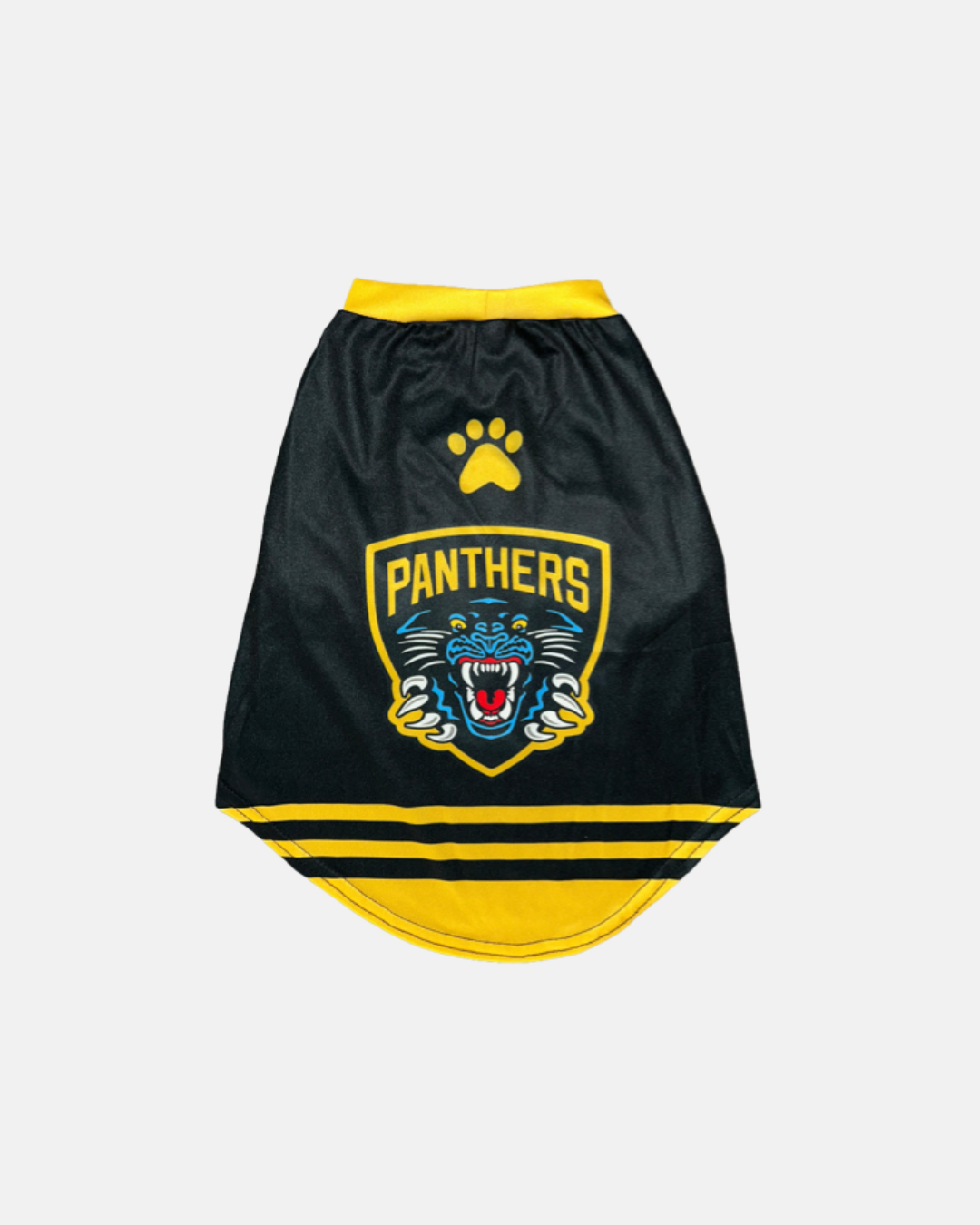 A Nottingham Panthers Dog Jersey by Panthersland in black and yellow, featuring a paw print, "Panthers" text, and a roaring panther logo on the back, displayed on a white background.