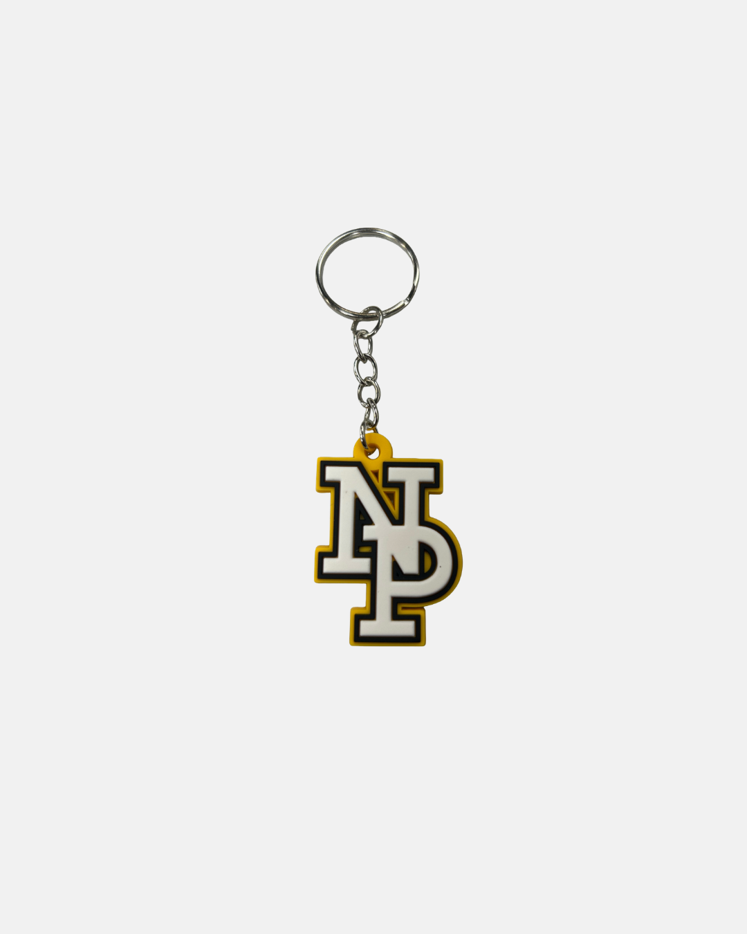 The Panthersland Nottingham Panthers NP Logo Keyring features interlocking white N and P letters outlined in black and yellow, attached to a metal key ring by a short chain, displayed on a plain white background.