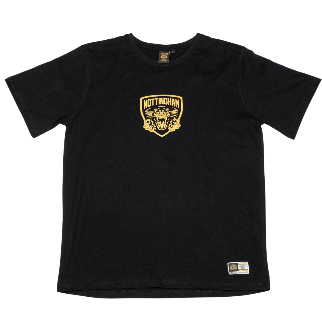The Panthersland Kids Nottingham Panthers T-shirt Black (Large, Backprint 25-26) features a gold NOTTINGHAM logo and bold tiger graphic on the chest, plus a white and gold patch near the hem—making it a standout kids’ shirt.