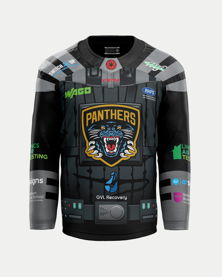 The Panthersland 2025/26 Classic Replica Movie Night Jersey features a large roaring panther logo with "PANTHERS" above it, sponsor logos on sleeves and chest, a red collar emblem, and includes a handy size guide.