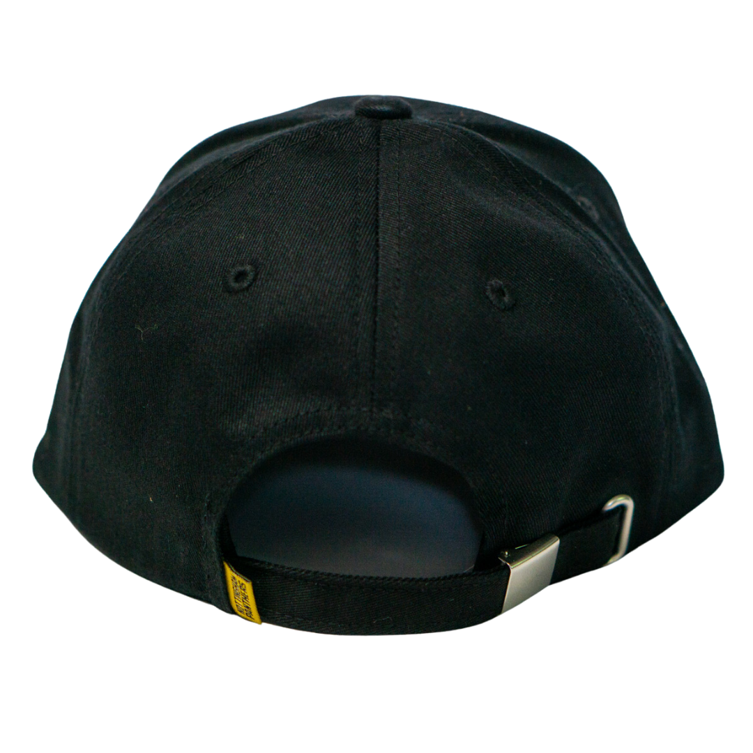 The Nottingham Panthers Signature Cap 25-26 by Panthersland is a black adjustable fan cap with a metal buckle, strap, and yellow tag for the perfect fit.