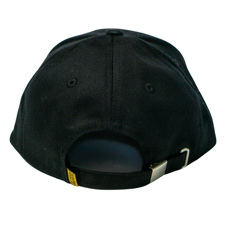 The Nottingham Panthers Signature Cap 25-26 by Panthersland is a black adjustable fan cap with a metal buckle, strap, and yellow tag for the perfect fit.