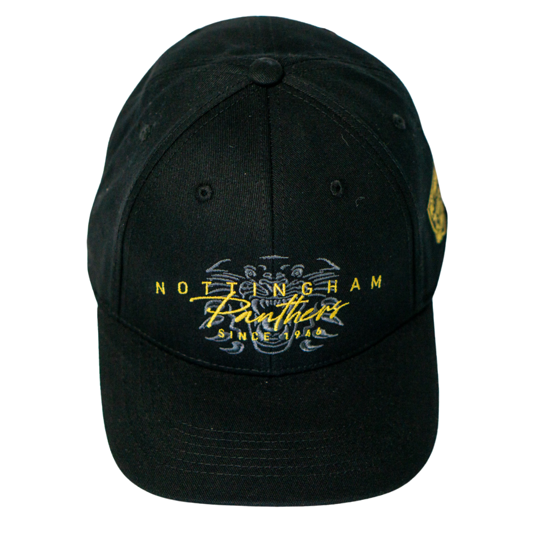 The Panthersland Nottingham Panthers Signature Cap 25-26 features Since 1946 embroidered in yellow and white on the front. This adjustable cap is perfect for fans to show their team pride.