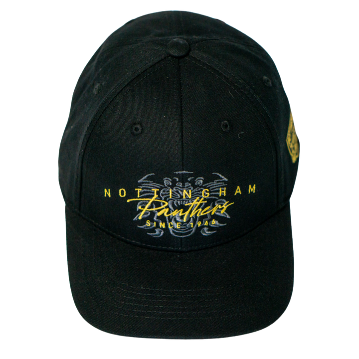 The Panthersland Nottingham Panthers Signature Cap 25-26 features Since 1946 embroidered in yellow and white on the front. This adjustable cap is perfect for fans to show their team pride.