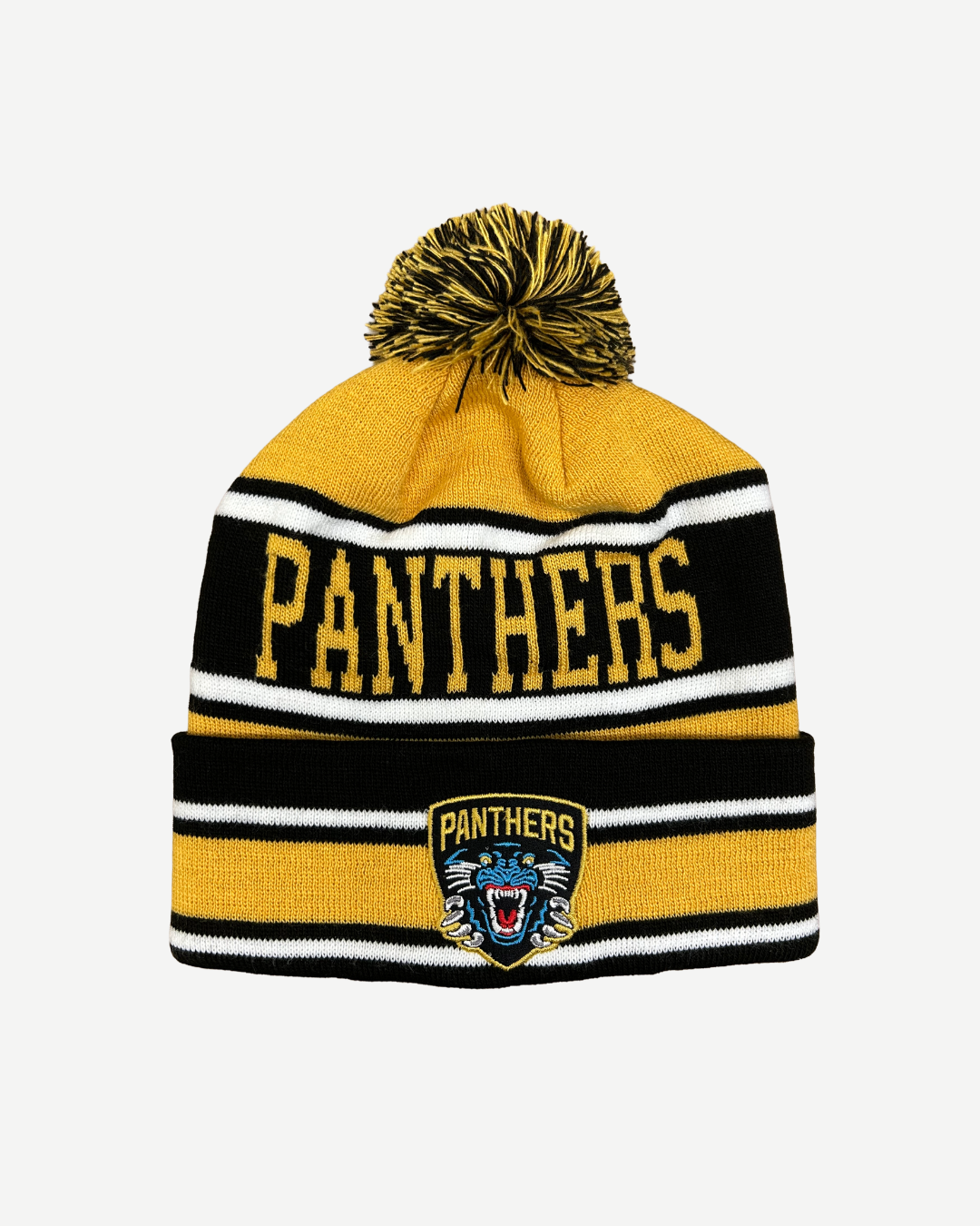 The Panthersland Nottingham Panthers 2026 Text Pom Knit is a yellow, black, and white beanie with a pom-pom, "PANTHERS" in bold letters, and a panther crest patch on the folded brim.