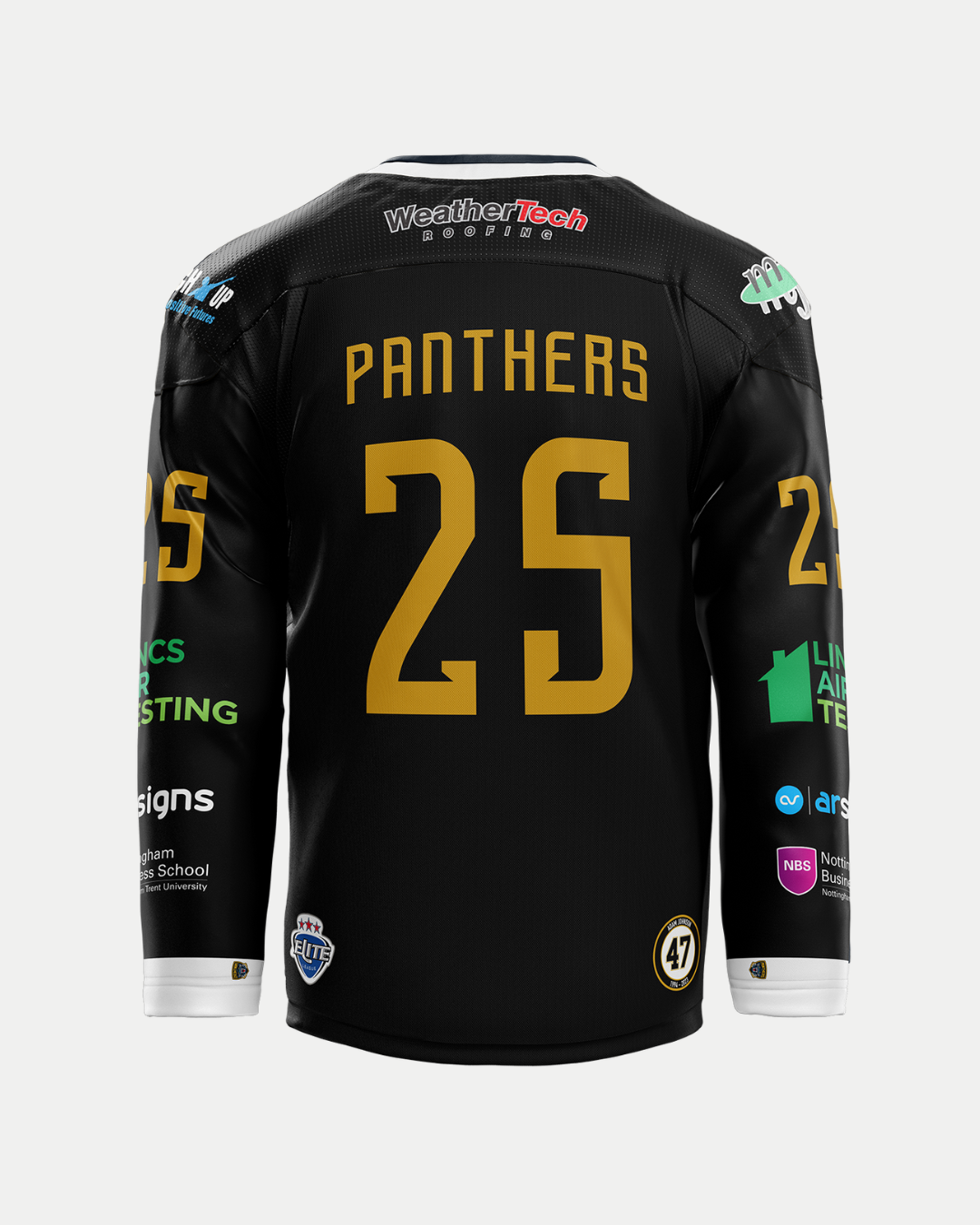 Back view of the Panthersland 2025/26 Classic Team Replica New Year's Tuxedo Jersey, black with gold "25" and "Panthers" on the back, white/gold cuffs and hem, plus sponsor logos on sleeves, shoulders, and lower back.