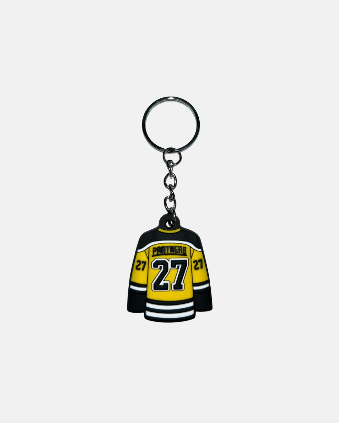 A Nottingham Panthers Jersey Keyring from Panthersland, featuring a yellow and black sports jersey design with the number 27 and the word “PANTHERS” on it.