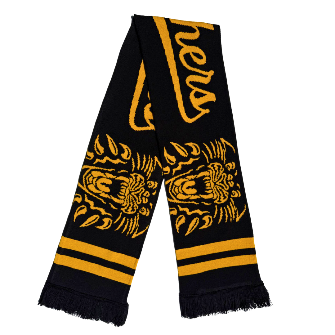 Display your team spirit with the 25-26 Double Head Scarf from Panthersland—black with yellow fringe and stripes, two roaring lion heads, Panthers details, and part of a cursive word at the top.