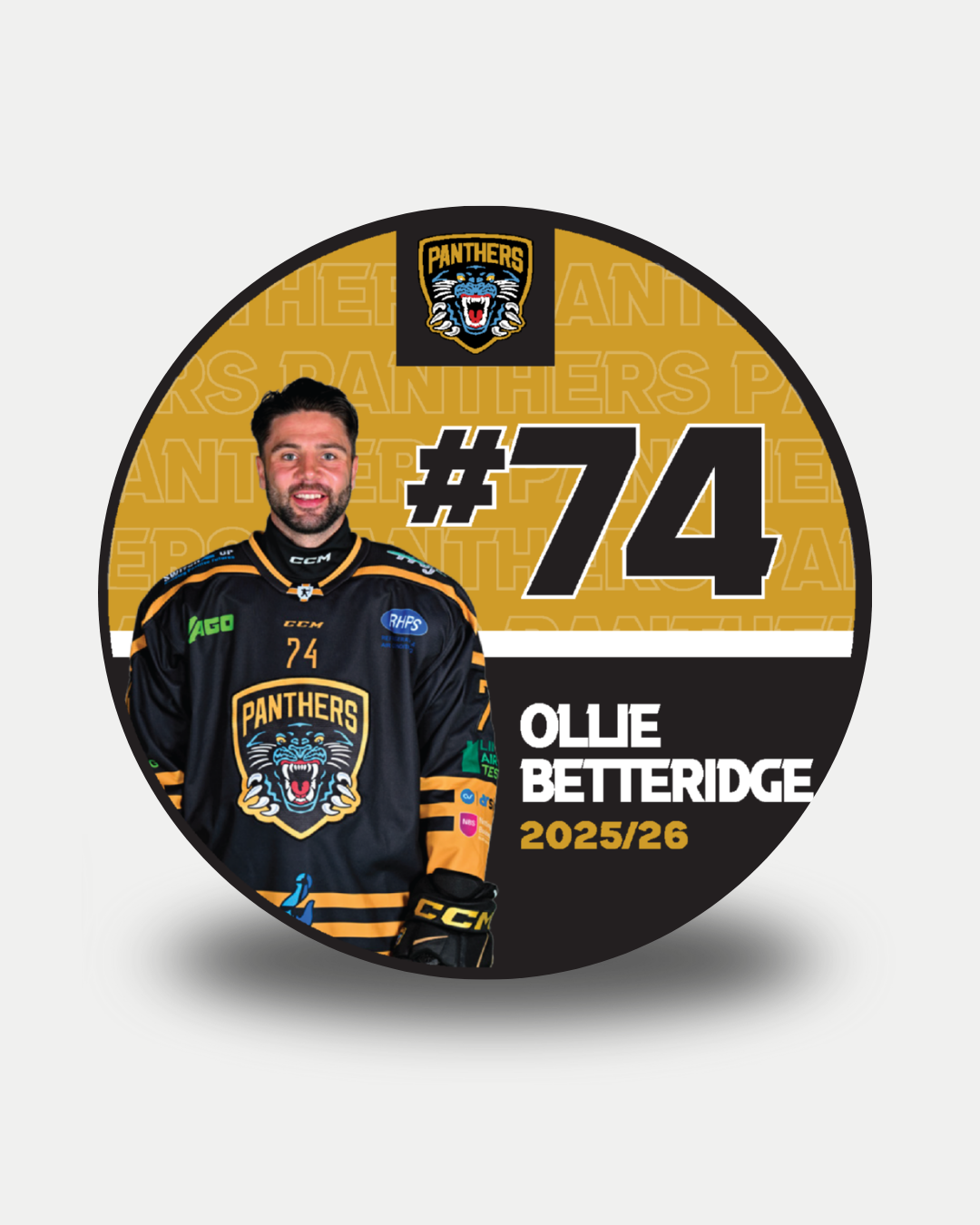 A circular graphic of Nottingham Panthers player Ollie Betteridge in black, with "#74 OLLIE BETTERIDGE 2025/26," the Panthers logo, gold background, and a nod to the limited edition 2025-26 Panthers Player Pucks by Nottingham Panthers.