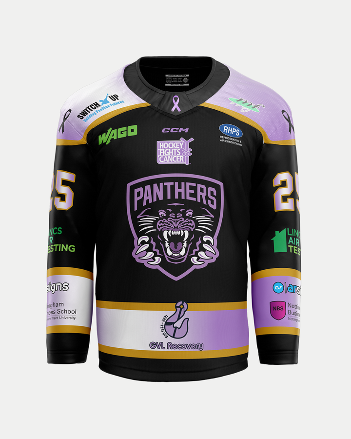 The Panthersland 2025/26 Classic Team Replica Hockey Fights Cancer Jersey features black, purple, and gold colors, "Panthers" and a roaring panther on the chest, number 25, sponsor logos, and supports Nottingham Hospitals Charity.
