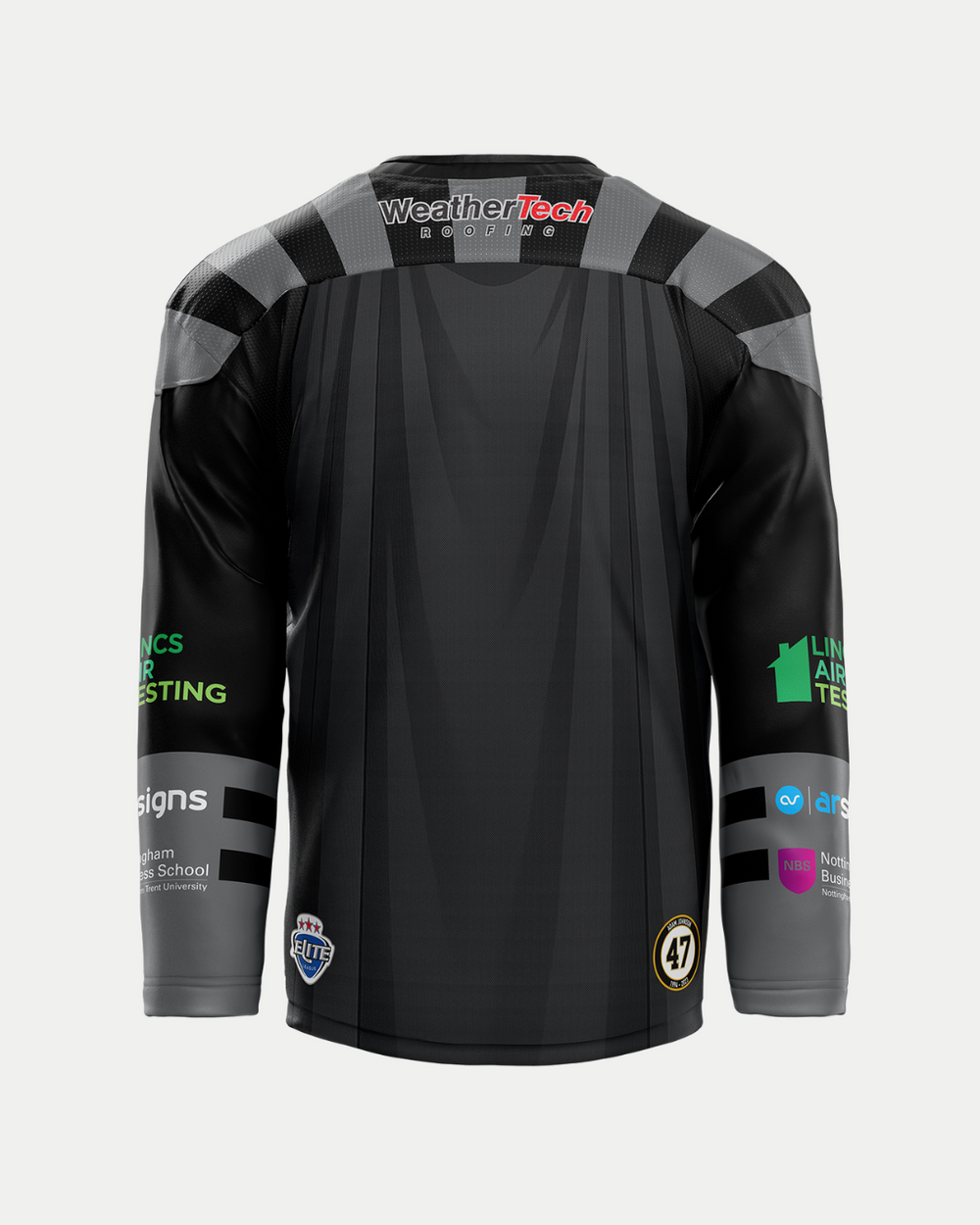 A black and gray sublimated Panthersland 2025/26 Classic Replica Movie Night Jersey, seen from the back, features sponsor logos on shoulders and sleeves, WeatherTech at the top, and number 47 near the bottom hem.