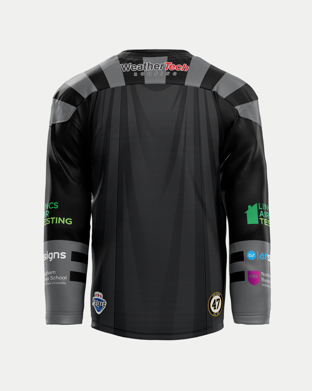 A black and gray sublimated Panthersland 2025/26 Classic Replica Movie Night Jersey, seen from the back, features sponsor logos on shoulders and sleeves, WeatherTech at the top, and number 47 near the bottom hem.