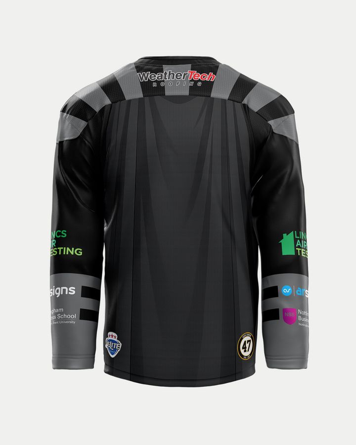 A black and gray sublimated Panthersland 2025/26 Classic Replica Movie Night Jersey, seen from the back, features sponsor logos on shoulders and sleeves, WeatherTech at the top, and number 47 near the bottom hem.