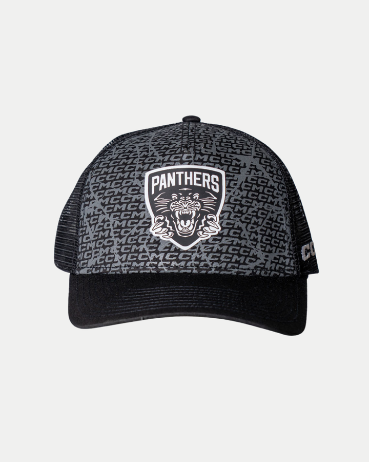 The Panthersland Nottingham Panthers 25-26 CCM Black Mesh Back Trucker features black and gray mesh, repeating CCM text, a front patch with a growling panther and "PANTHERS," plus a side CCM logo.