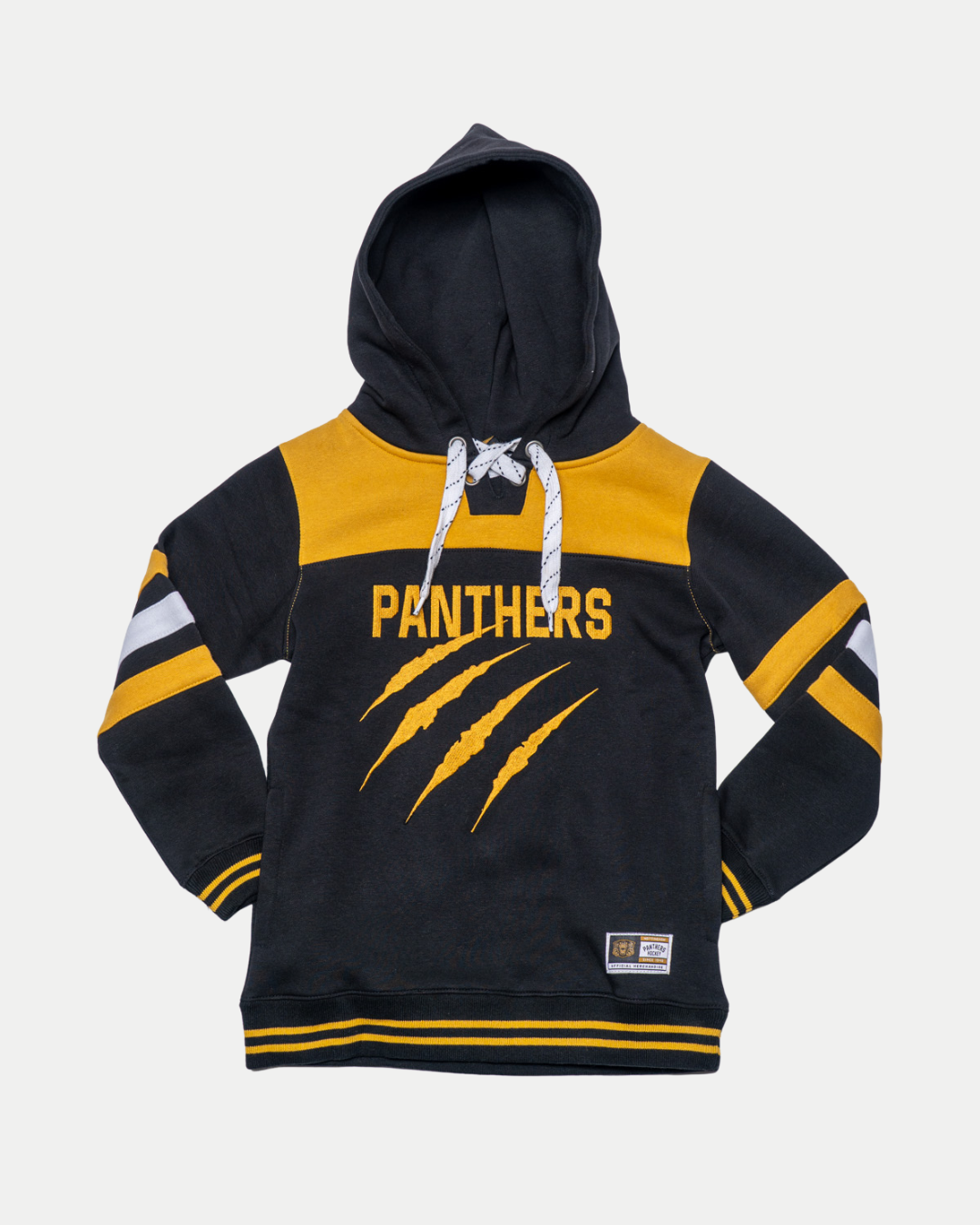 The Kids Nottingham Panthers Claw Lace Hoodie 25-26 from Panthersland has yellow and white accents, bold PANTHERS lettering, three claw marks on the front, a drawstring, and striped sleeves—perfect for hockey fans.