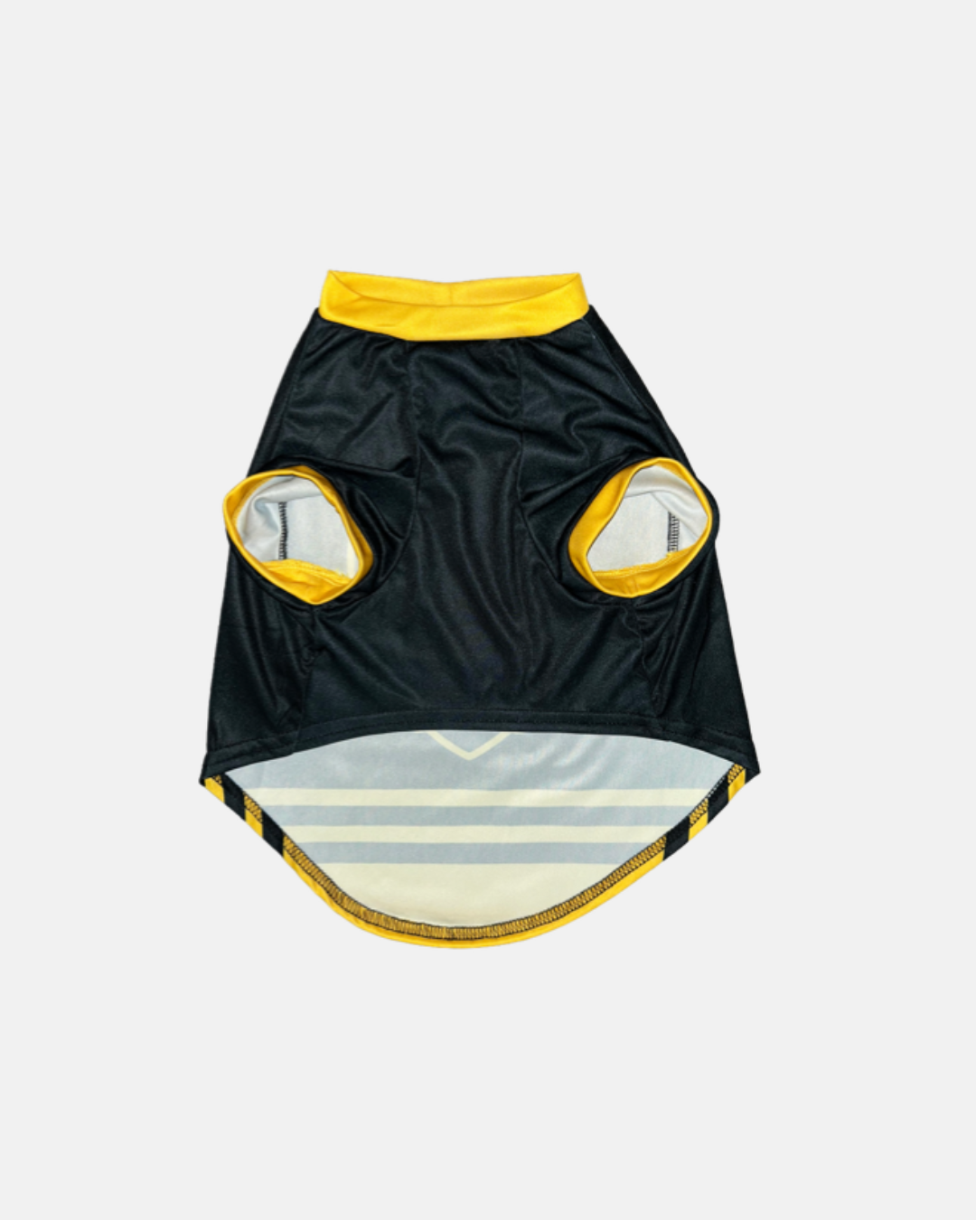 The Panthersland Nottingham Panthers Dog Jersey is a black and yellow sleeveless pet shirt with two armholes and a rounded bottom edge, displayed flat on a white background.