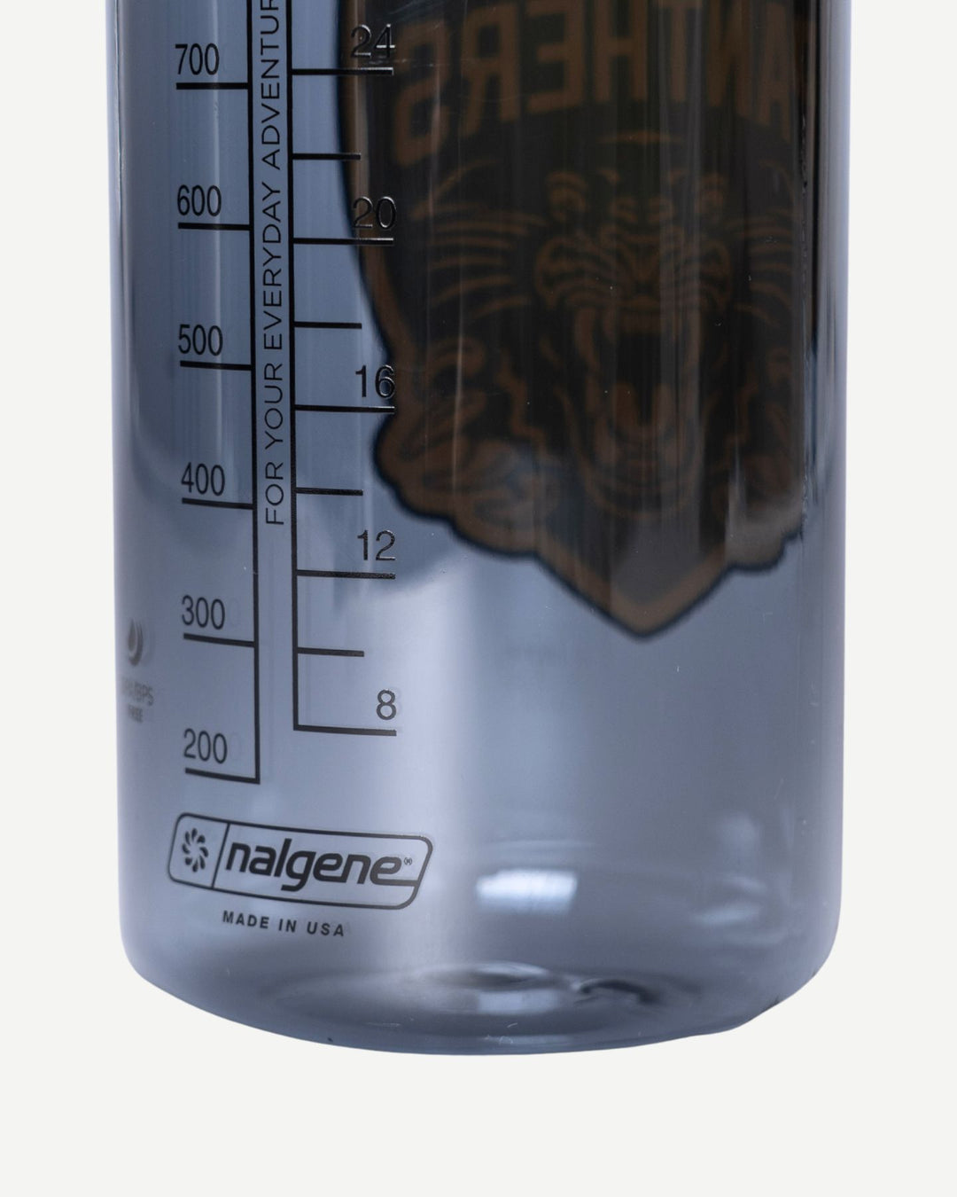 Close-up of the bottom of the BPA-free Panthers x Nalgene 1L Water Bottle by Panthersland, featuring measurement markings, part of a panther logo, and the Nalgene logo with "Made in USA" below.