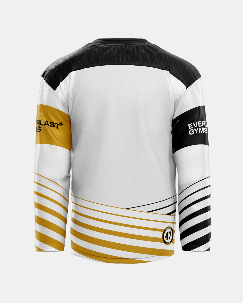 The Panthersland 2025/26 Classic Replica Away Warm-Up Jersey features black and gold curved stripes, black shoulders, EVERLAST GYMS on the left sleeve, EVERLAST+ on the right, and a circular 47 logo at the hem. See size guide for your best fit.