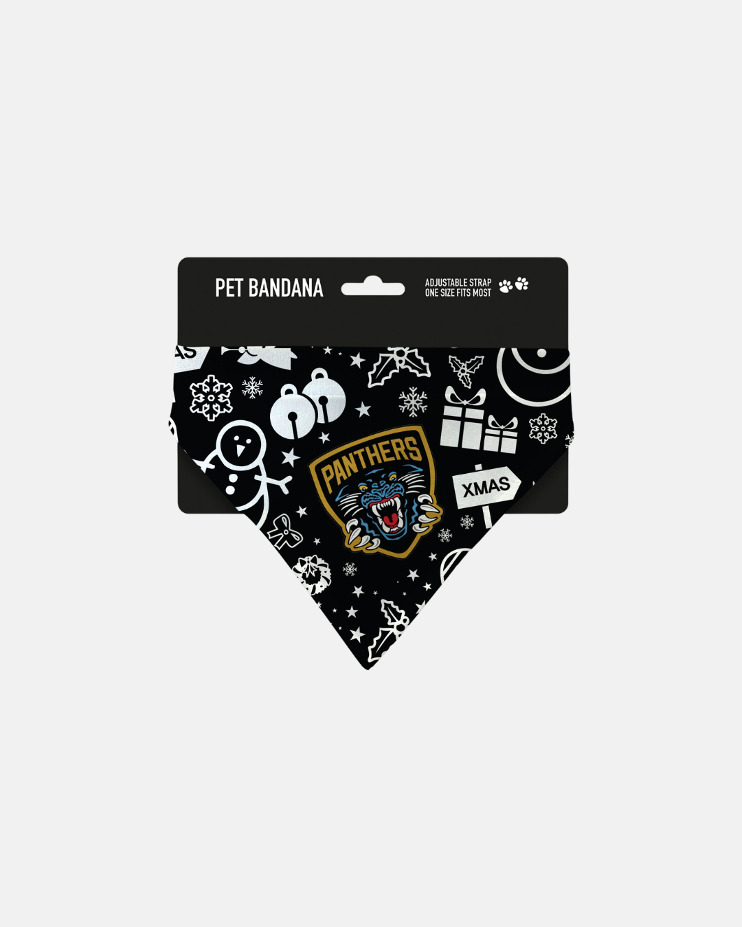 Black triangular Nottingham Panthers Icons Pattern Pet Bandana featuring a repeating pattern of holiday icons and a central hockey team logo, crafted to order.