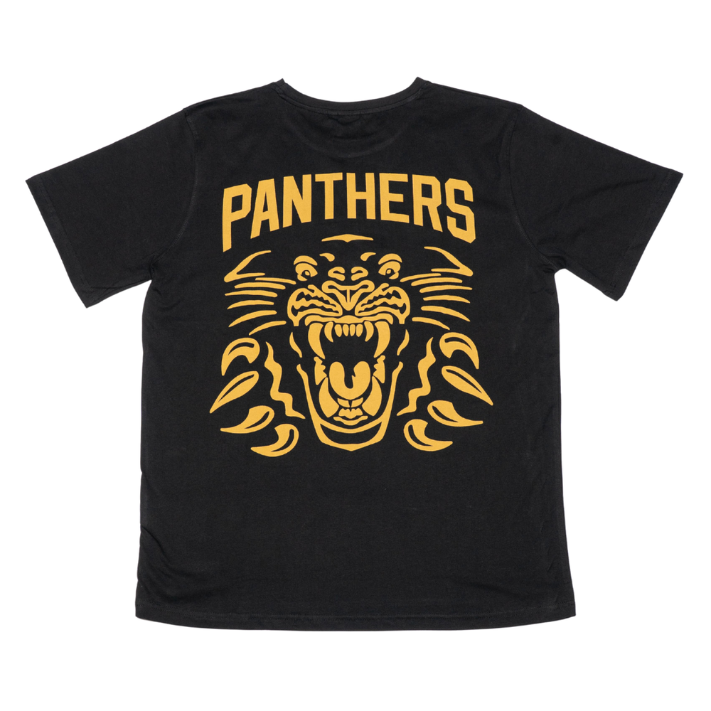 The Panthersland Kids Nottingham Panthers T-shirt Black Large Backprint 25-26 features bold yellow PANTHERS text above a fierce yellow panther head graphic—perfect as a standout kids or panther fan tee.