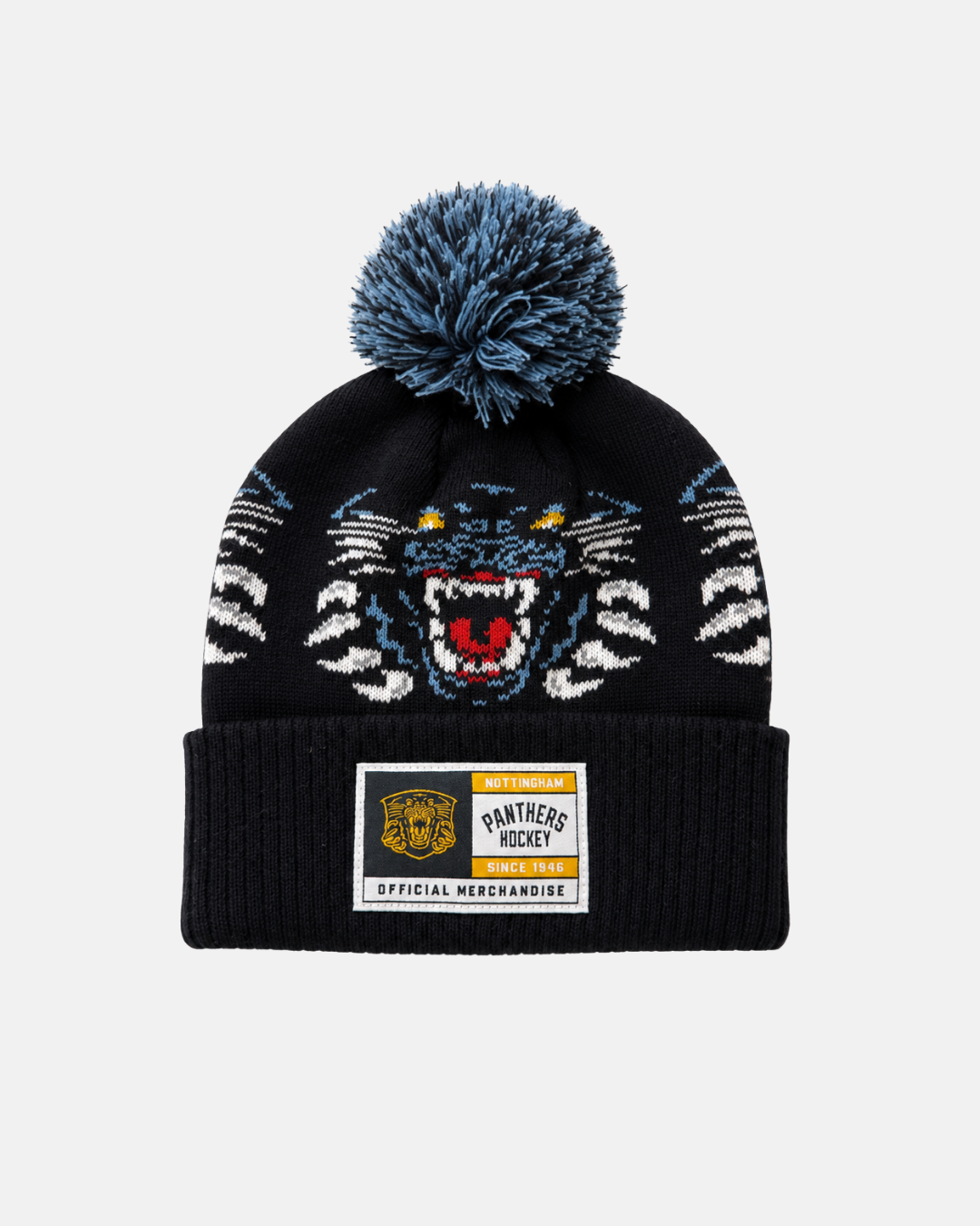 The Panthersland 26-27 Jacquard Pom Knit is a black beanie with a blue and white pom-pom, featuring an embroidered tiger face and a “Panthers Hockey Official Merchandise” patch. This stylish beanie proudly displays the iconic Nottingham Panthers logo, making it an essential accessory for dedicated fans.