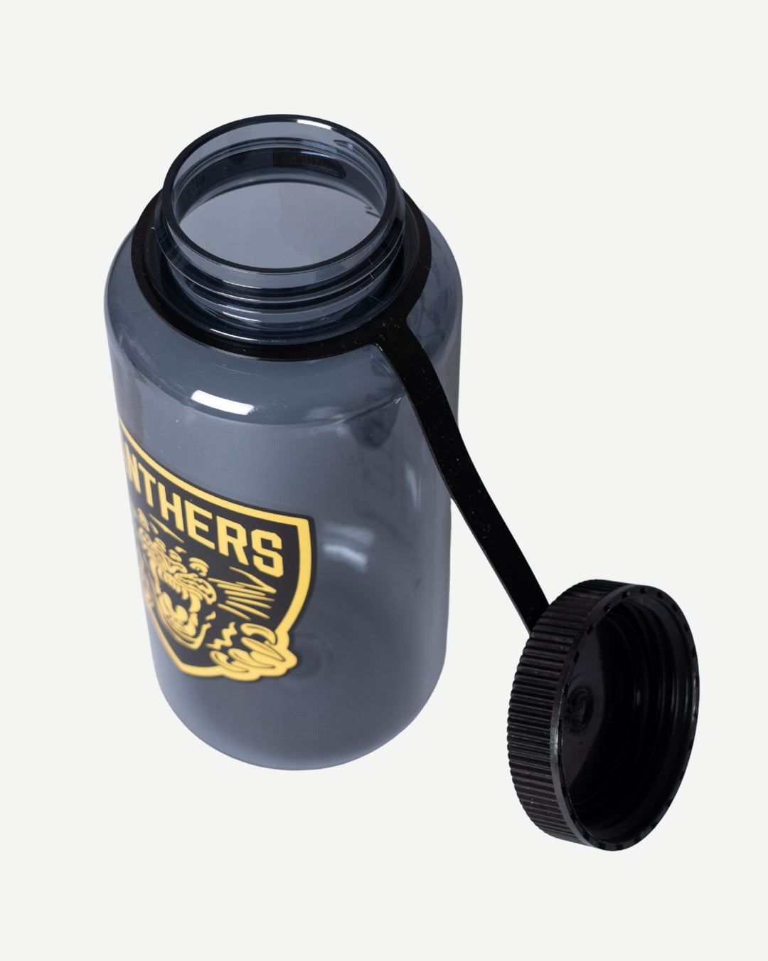 The Panthersland Panthers x Nalgene 1L Water Bottle is a dark gray, BPA-free bottle with a wide mouth, black screw-on lid with strap, and a yellow Panthers logo featuring a panther on the side.