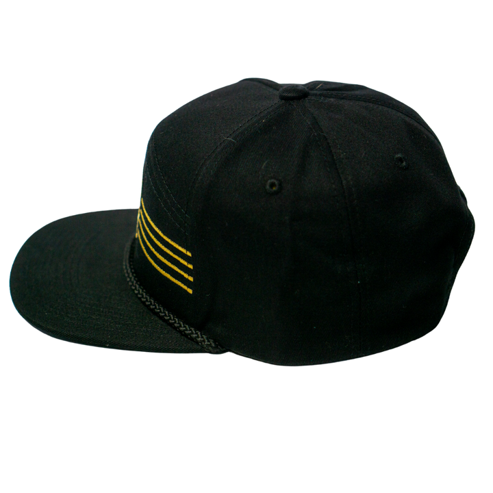 The Panthersland Nottingham Panthers 25-26 Four Stripe Flatbrim Cap is black with four yellow side stripes, gold stripe detail, ventilation eyelets, and a decorative black chain along the brim.