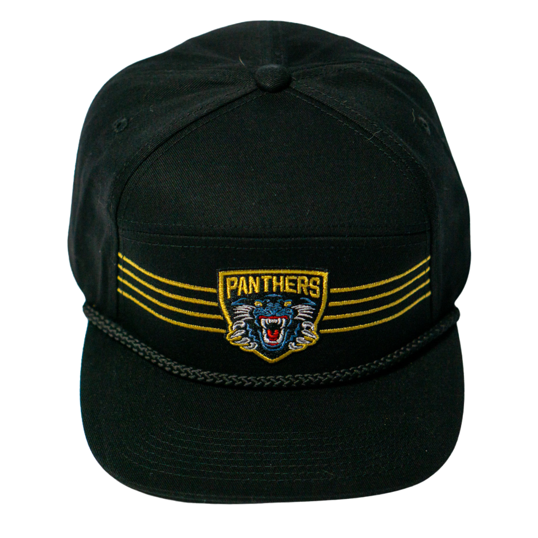 The Panthersland Nottingham Panthers 25-26 Four Stripe Flatbrim Cap features gold stripes, a roaring panther patch with PANTHERS, and a braided cord above the brim—a bold statement piece for any fan.