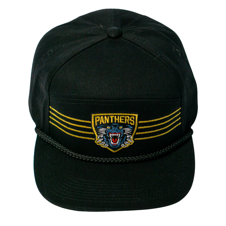 The Panthersland Nottingham Panthers 25-26 Four Stripe Flatbrim Cap features gold stripes, a roaring panther patch with PANTHERS, and a braided cord above the brim—a bold statement piece for any fan.