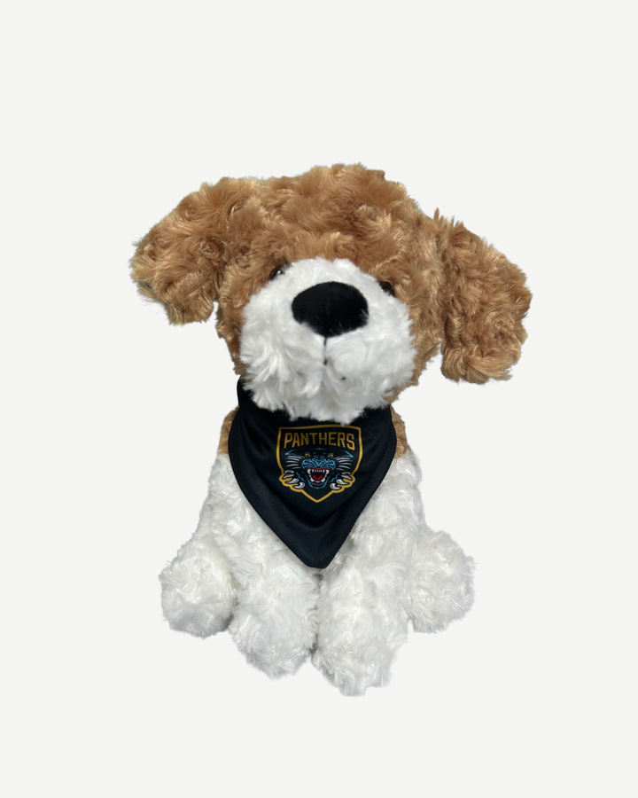 Plush dog toy with a bandana featuring a logo on a white background