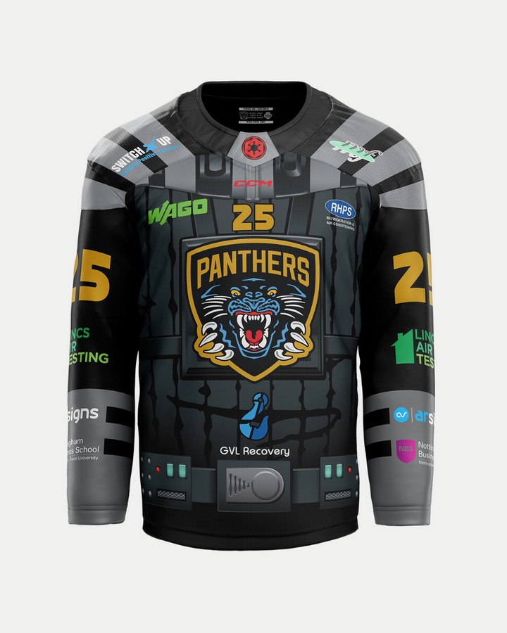 The Panthersland 2025/26 Classic Team Replica Movie Night Jersey features a grey, black, and silver robotic armor design, yellow 25 on shoulders/sleeves, and a roaring panther logo with "PANTHERS" text—part of our custom jersey collection.