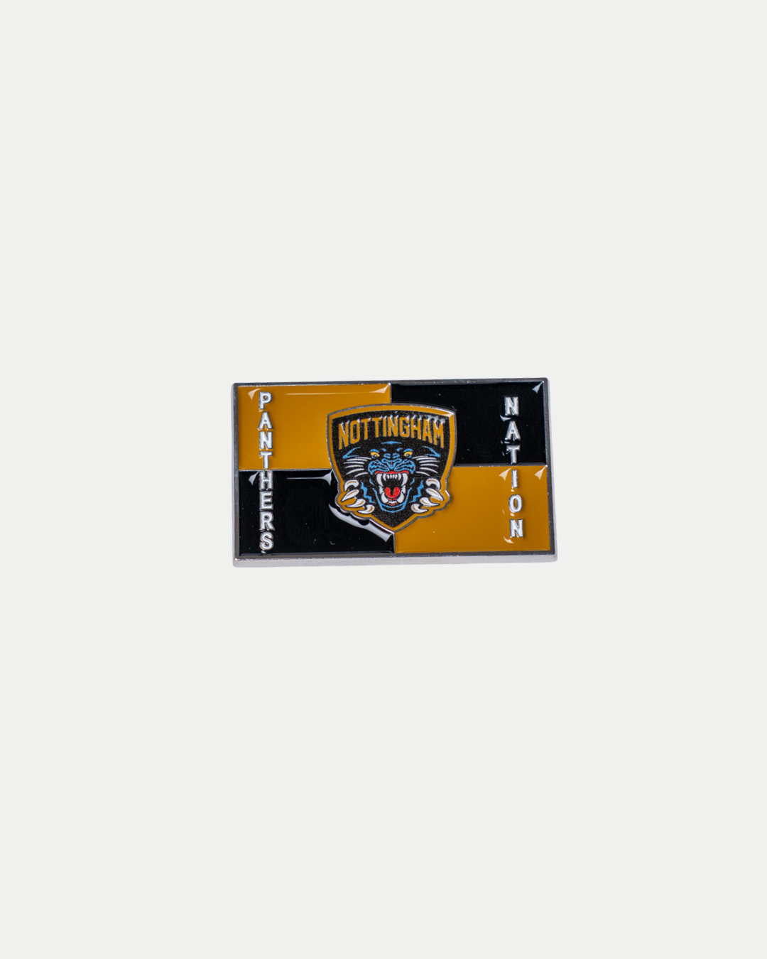 The Nottingham Panthers Flag Pin Badge by Panthersland is a rectangular pin featuring the team logo and a roaring panther on a yellow and black background, with "Panthers Nation" written along the edges.