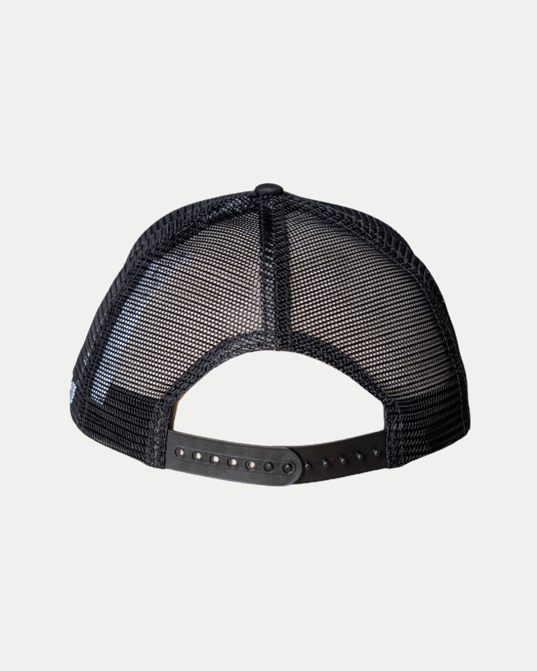 The Panthersland Nottingham Panthers 25-26 CCM Black Mesh Back Trucker hat is shown from the back, highlighting its adjustable snapback closure and curved opening.