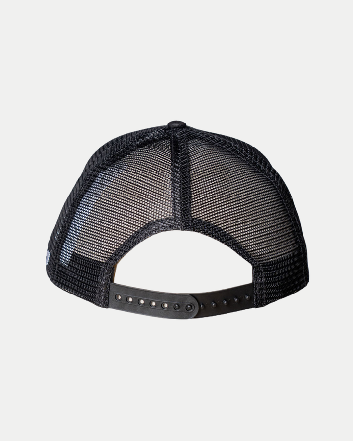 The Panthersland Nottingham Panthers 25-26 CCM Black Mesh Back Trucker hat is shown from the back, highlighting its adjustable snapback closure and curved opening.