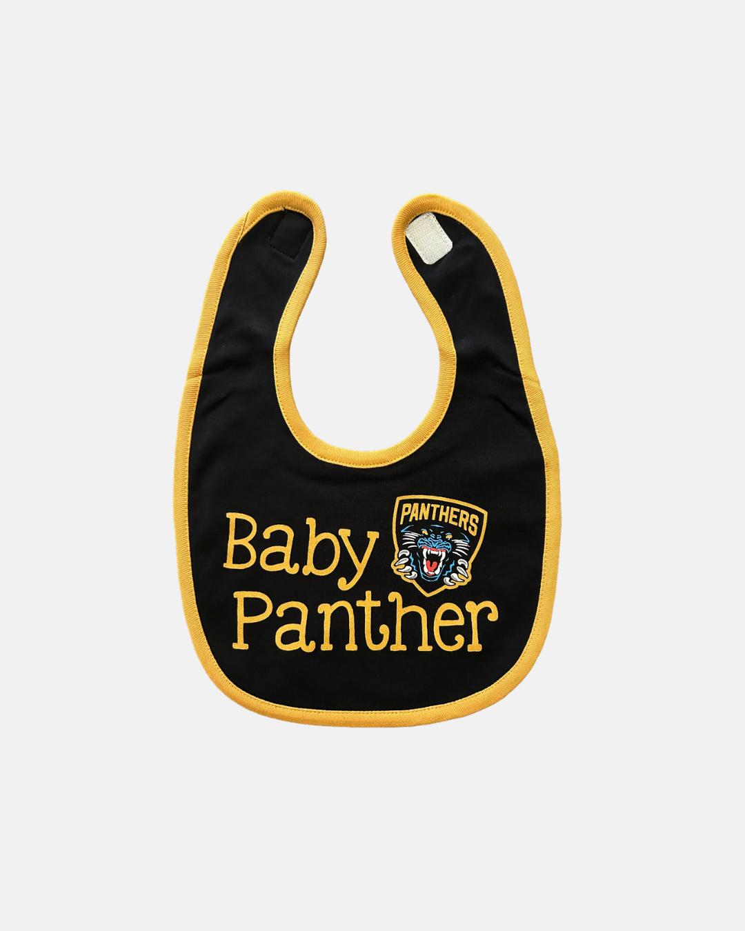 Dress your little fan in the Nottingham Panthers Baby Panther Bib by Panthersland—featuring a black bib with yellow trim, "Baby Panther" text, and a Panthers crest logo on a white background. The perfect Nottingham Panthers baby bib!.