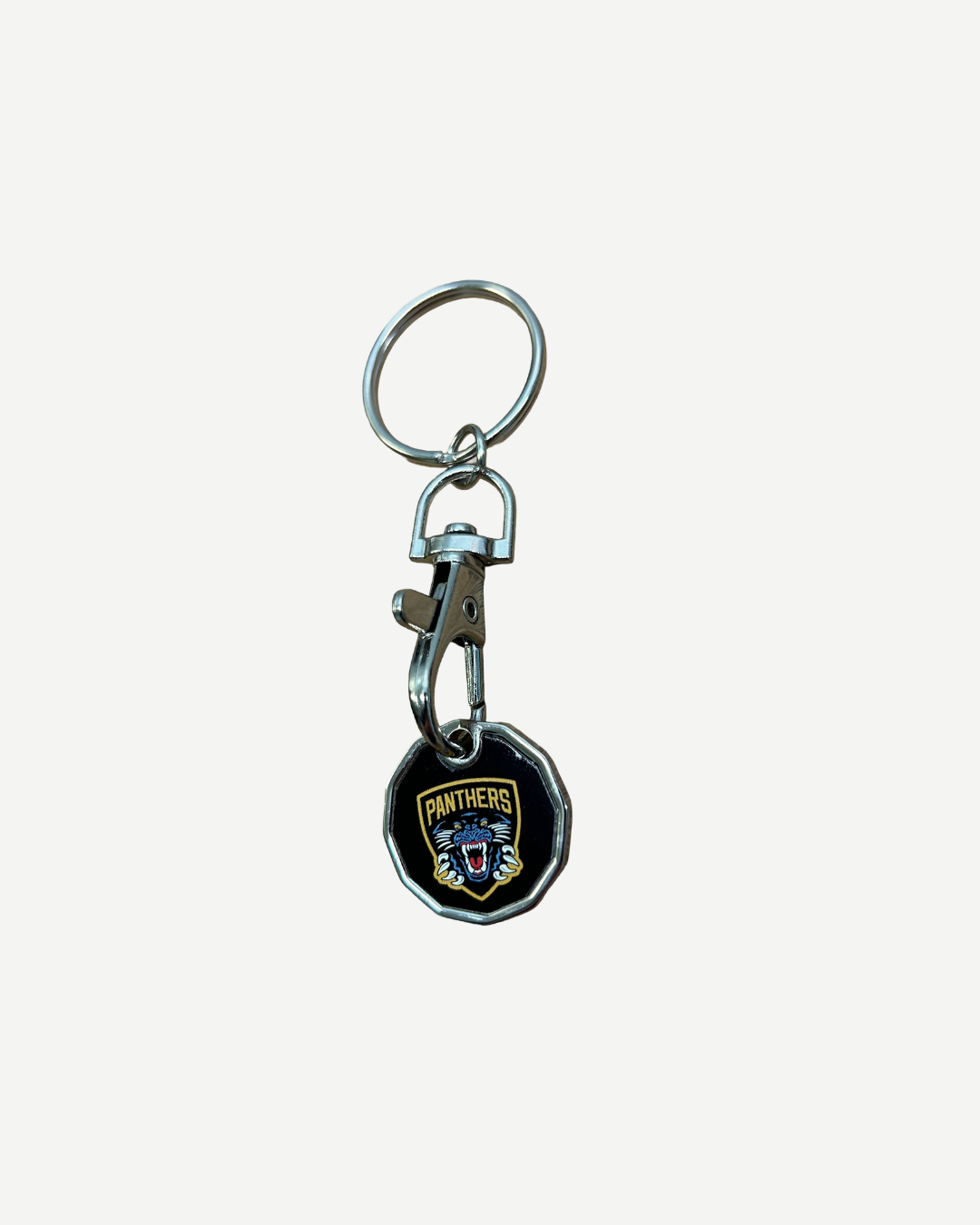 The Panthersland Nottingham Panthers Trolley Coin Keyring features a metal circular pendant with a stylized panther head and PANTHERS on a black background, attached to a clip and keyring—perfect for trolleys or everyday use.