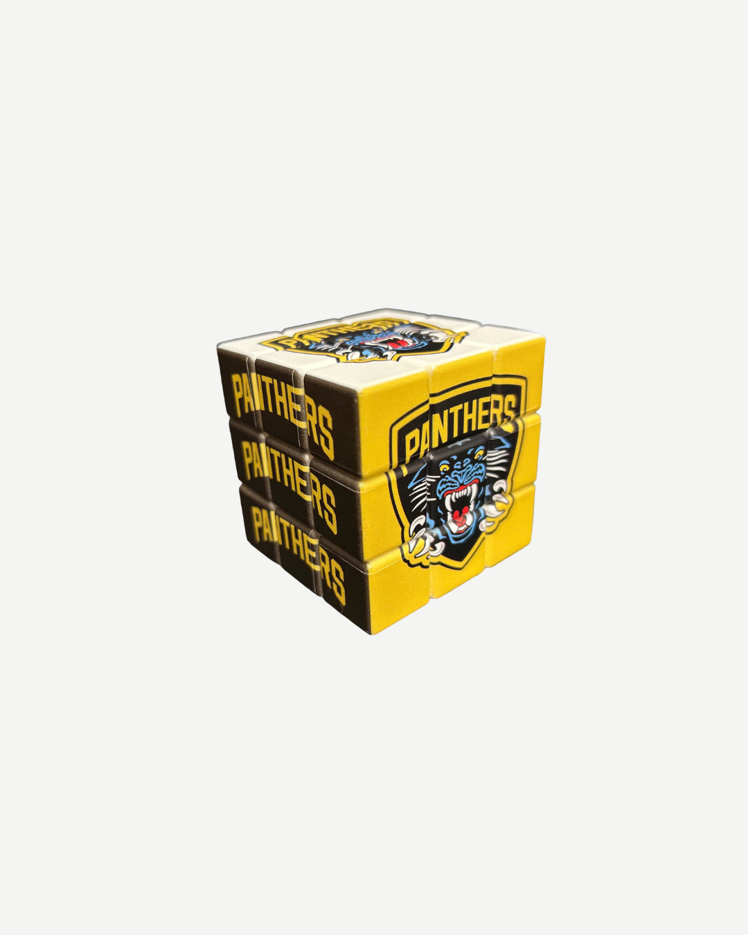 The Panthersland Nottingham Panthers Magic Cube Puzzle features yellow and black designs with "PANTHERS" and a snarling panther logo, perfect for fans to challenge their skills. Displayed on a white background.