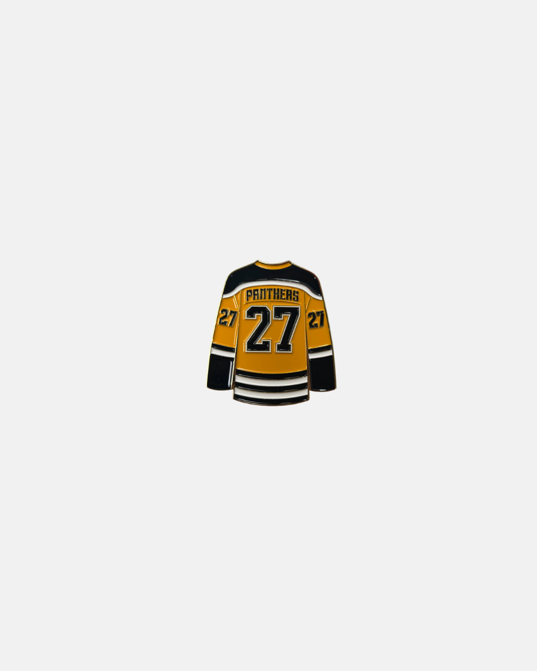 A Nottingham Panthers Jersey Magnet by Panthersland, featuring yellow and black colors with “PANTHERS” and the number 27 on the back, displayed against a plain white background.