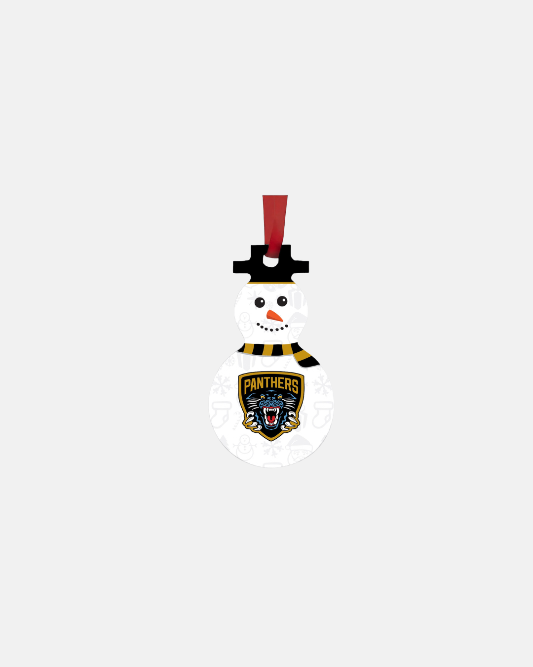 Nottingham Panthers Snowman Decoration shaped like a snowman with a panther logo on its chest, wearing a black hat, a yellow and black striped scarf, and a red ribbon for hanging.
