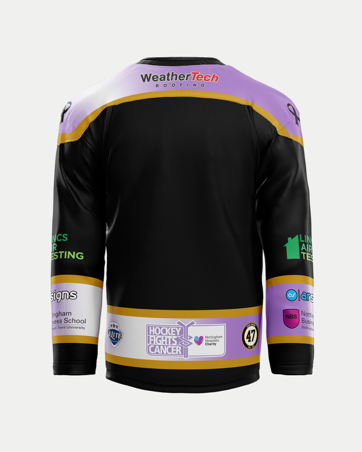 The back of the Panthersland 2025/26 Classic Replica Hockey Fights Cancer Jersey in black, purple, and gold features sponsor logos, a Hockey Fights Cancer patch, a Nottingham Hospitals Charity logo, and number 47 near the bottom.