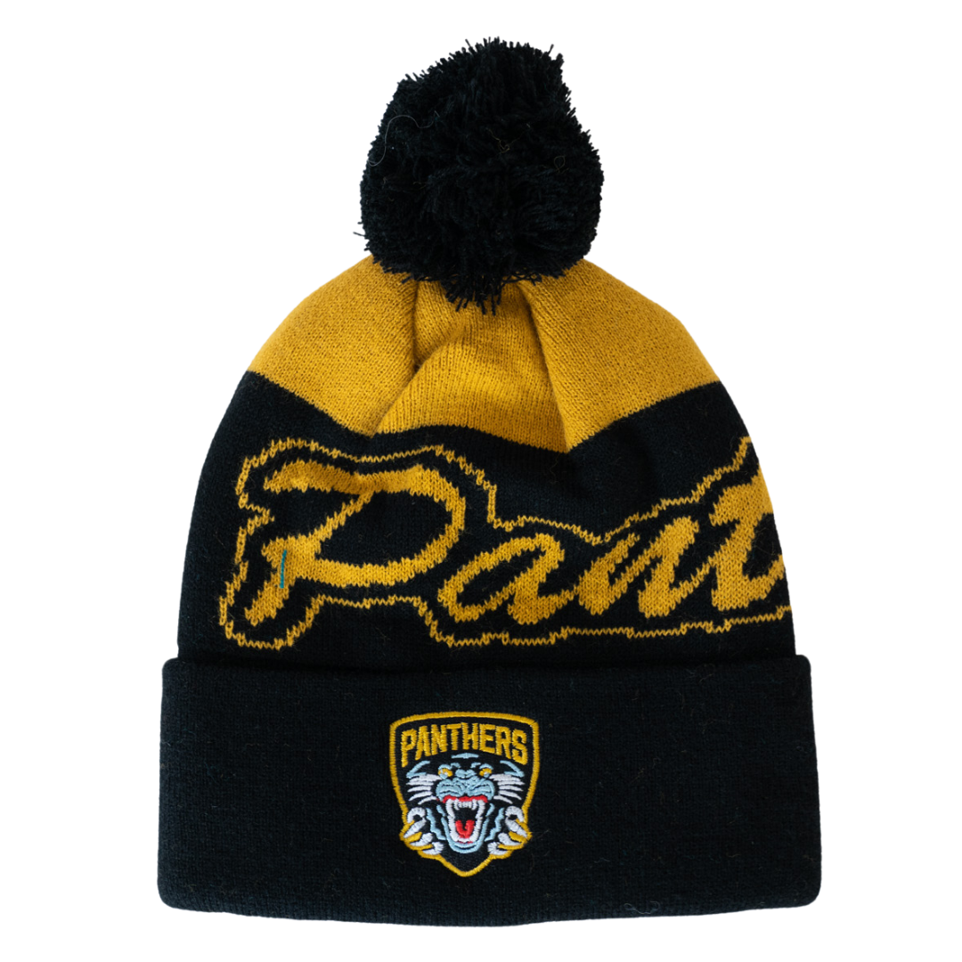 The Panthersland Nottingham Panthers 25-26 Beanie Black POM features black and gold colors, Panthers in script across the middle, and a front cuff patch displaying a roaring panther face.