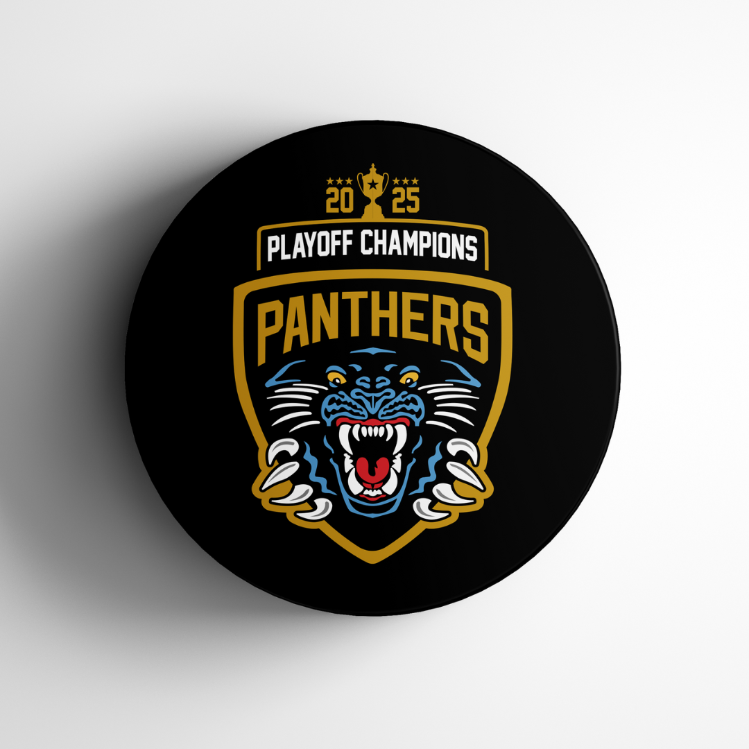 The Panthersland Panthers 2025 Playoff Champions Puck features a gold and blue shield logo with a roaring panther, PANTHERS, and 2025 PLAYOFF CHAMPIONS above a gold trophy—ideal for Florida Panthers fans and NHL collectors.