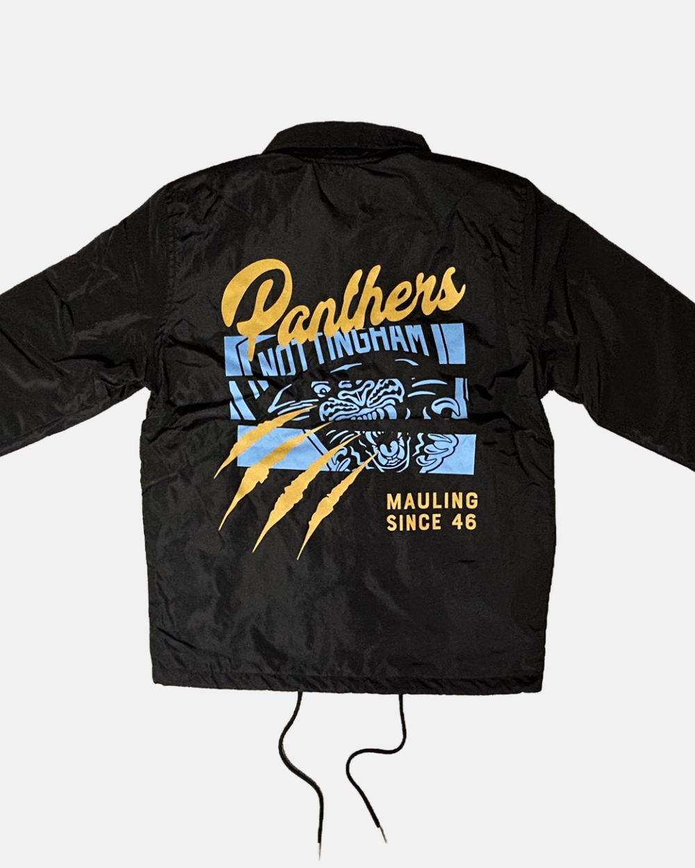 The Panthersland 26-27 Slice Coach Jacket is a black coach jacket featuring “Panthers Nottingham” in yellow and blue, a bold panther face graphic, three striking yellow claw marks, and “Mauling Since 46” printed on the back. The look is finished with a premium silicone crest for standout detail.