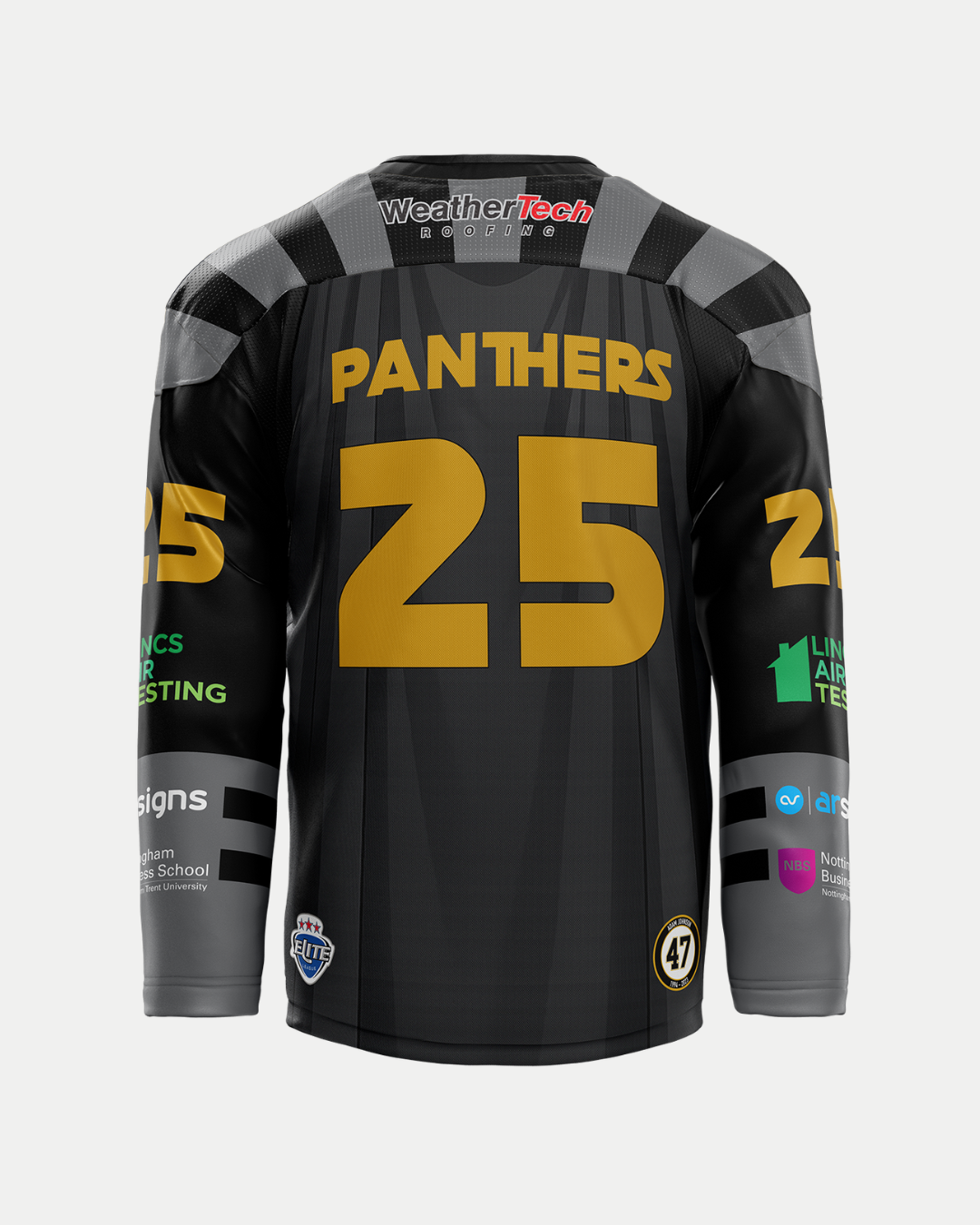 The Panthersland 2025/26 Classic Custom Replica Movie Night Jersey features black and grey colors, gold text, number 25, PANTHERS on the back, sponsor logos on sleeves, and patches—ideal for custom or player-named jerseys.