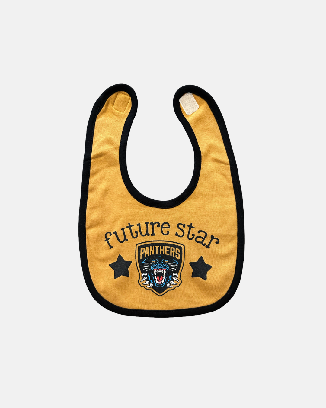 The Panthersland Nottingham Panthers Future Star Bib is a yellow baby bib with black trim, featuring “future star,” two black stars, and the Nottingham Panthers logo with a panther head—a perfect gift for little Panthers fans.