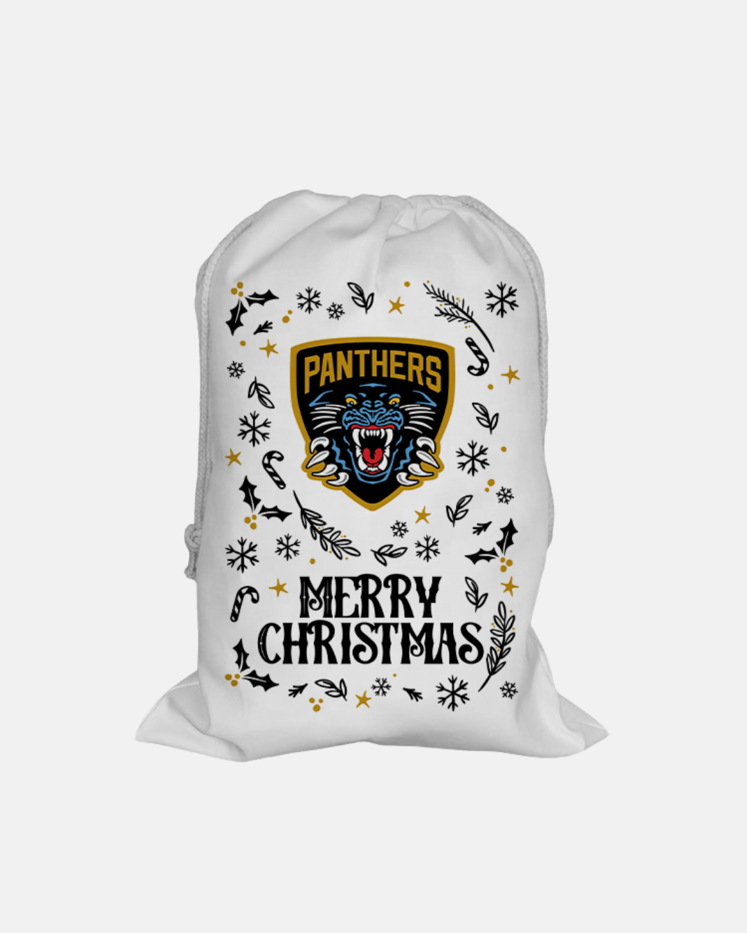 Nottingham Panthers Merry Christmas Santa Sack in white, featuring a hockey team logo, the text Merry Christmas, and a festive pattern of holly, candy canes, and snowflakes.