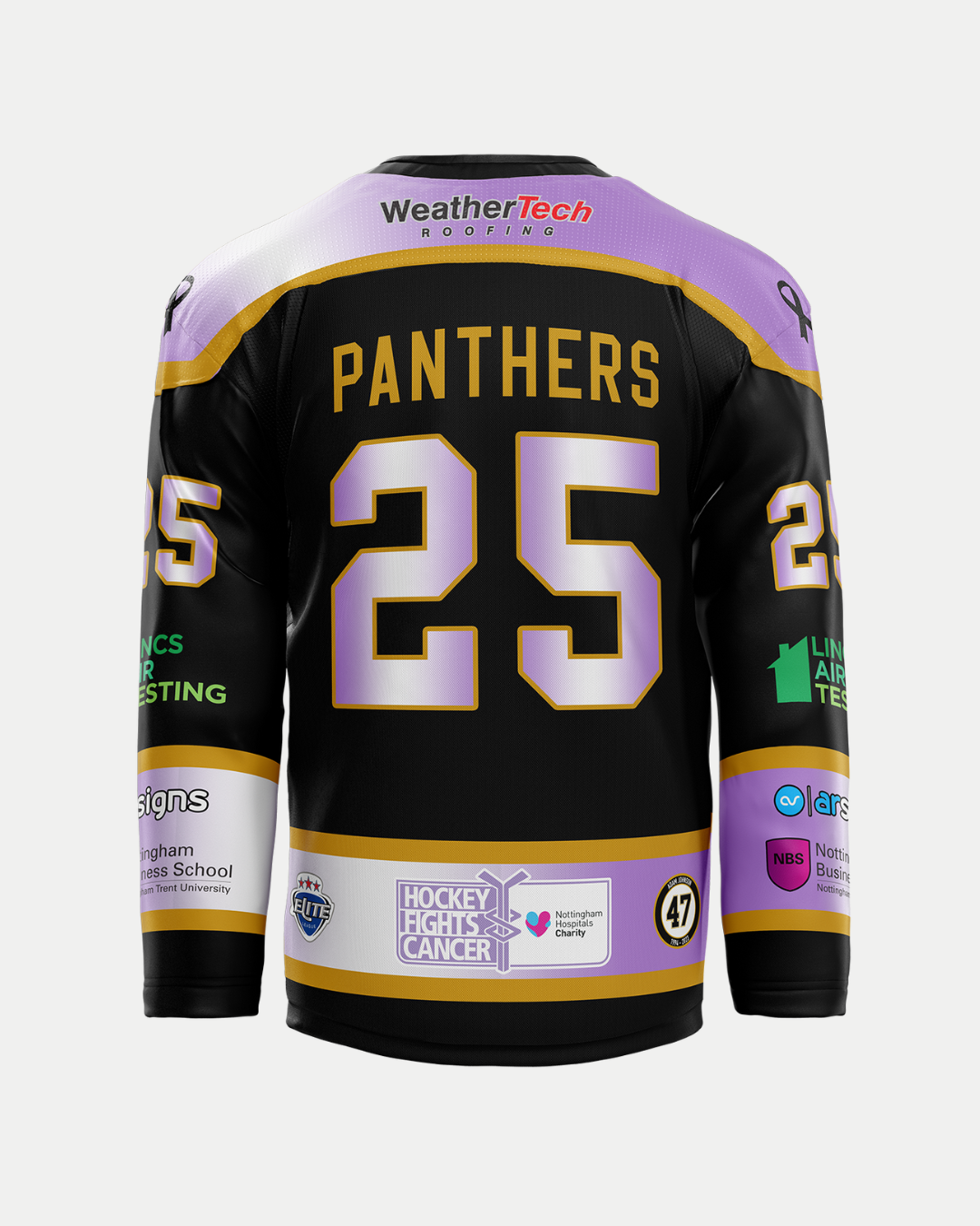 The Panthersland 2025/26 Classic Team Replica Hockey Fights Cancer Jersey features black and purple colors, "PANTHERS" and number 25 on the back, sponsor logos like Nottingham Hospitals Charity, and a Hockey Fights Cancer patch near the hem.